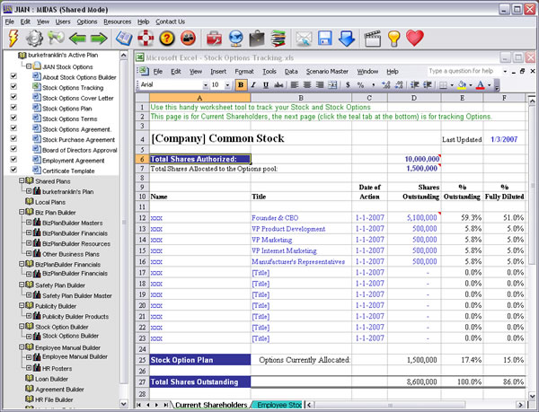 stock options excel worksheet